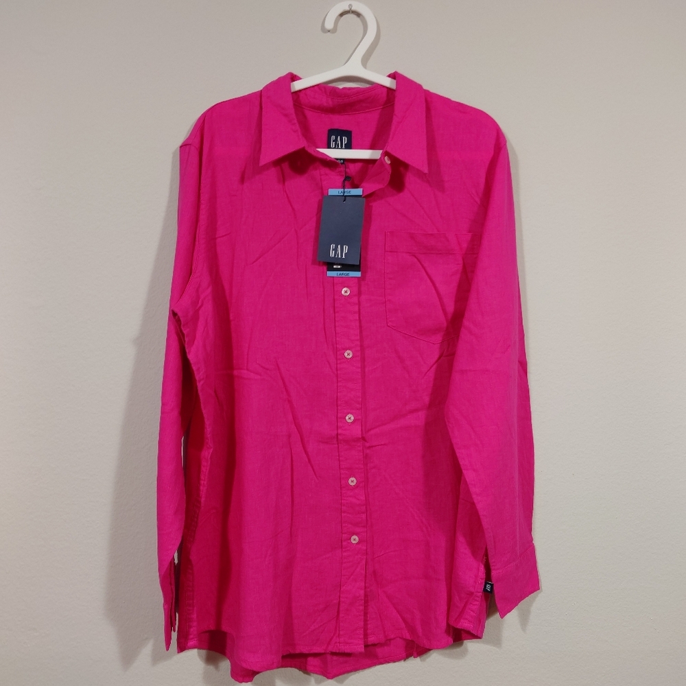 GAP Linen Button Down Shirt Large Pink Beetroot Purple NWT 22x30